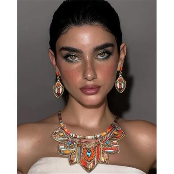 Gold Bohemian Jewelry Sets for Women Boho Tribal Retro Statement Choker Necklace - Picture 2 of 7